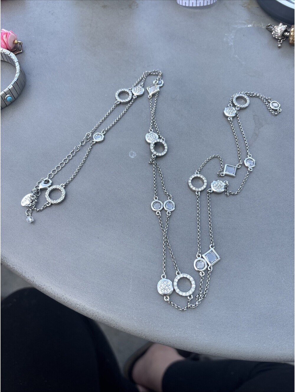 Lia Sophia Sultry Cut Crystals & Silver Rings Long Necklace Statement Round